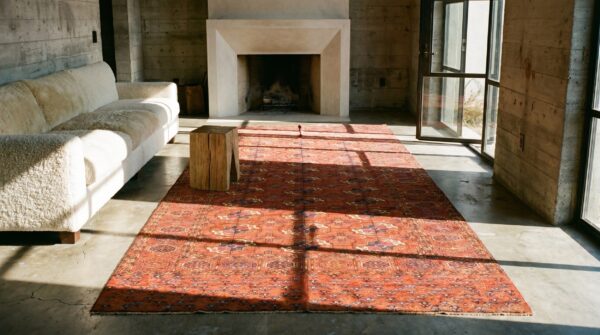 Late 19th century rustic antique turkmen tekke tribal bokara design coral rug 11 Late 19th century rustic antique turkmen tekke tribal bokara design coral rug (sku 17783) - room view