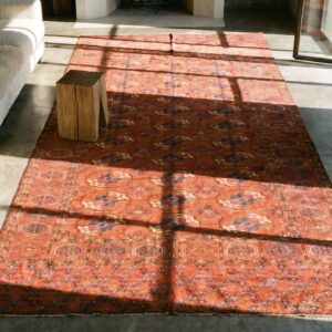 Late 19th Century Rustic Antique Turkmen Tekke Tribal Bokara Design Coral Rug (SKU 17783) - styled overhead view