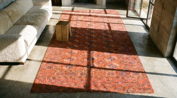 Late 19th century rustic antique turkmen tekke tribal bokara design coral rug 2 Late 19th century rustic antique turkmen tekke tribal bokara design coral rug (sku 17783) - styled overhead view