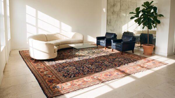 Late 19th century square antique blue persian sultanabad room size rug 8 Late 19th century square antique blue persian sultanabad room size rug (sku 23460) - room view