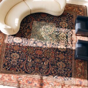 Late 19th Century Square Antique Blue Persian Sultanabad Room Size Rug (SKU 23460) - styled overhead view