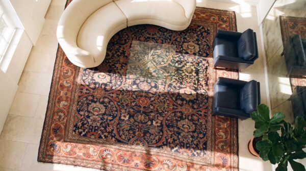 Late 19th century square antique blue persian sultanabad room size rug 2 Late 19th century square antique blue persian sultanabad room size rug (sku 23460) - styled overhead view
