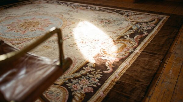 Late 19th century antique square french savonnerie wool pile carpet (sku 19171) - in-room detail