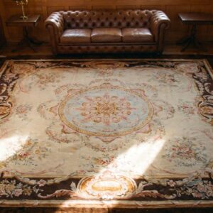 Late 19th Century Antique Square French Savonnerie Wool Pile Carpet (SKU 19171) - styled overhead view