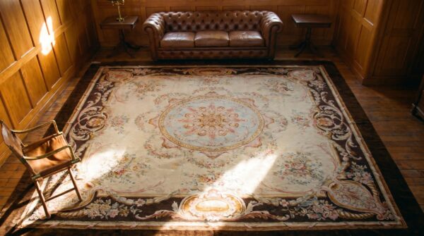 Late 19th century antique square french savonnerie wool pile carpet (sku 19171) - styled overhead view
