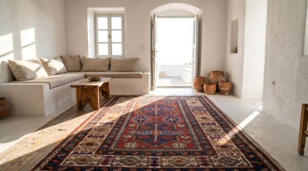 Late 19th century tribal antique bold red caucasian kuba rug 8 Late 19th century tribal antique bold red caucasian kuba rug (sku 17956) - room view