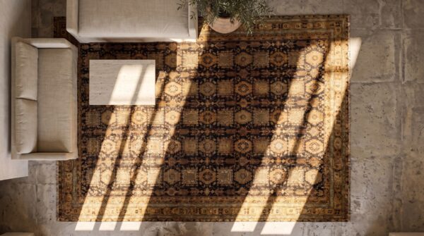 Late 19th century tribal geometric design antique oversized indian agra rug 2 Late 19th century tribal geometric design antique oversized indian agra rug (sku 20217) - styled overhead view