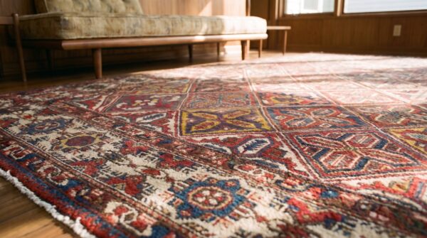 Antique late 19th century tribal geometric diamond garden design oversized persian bakhtiari rug (sku 20248) - in-room detail