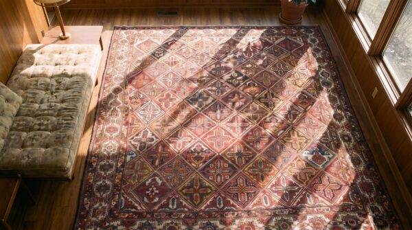 Antique late 19th century tribal geometric diamond garden design oversized persian bakhtiari rug (sku 20248) - styled overhead view