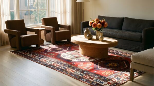 Late 19th century antique tribal geometric medallion caucasian lori pambak coral rug (sku 21670) - room view