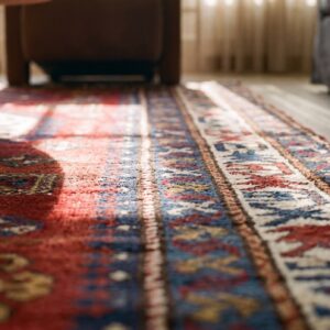 Late 19th Century Antique Tribal Geometric Medallion Caucasian Lori Pambak Coral Rug (SKU 21670) - in-room detail