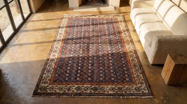 Light blue allover tribal floral design 19th century nw persian carpet 2 Light blue allover tribal floral design 19th century nw persian carpet (sku 19997) - styled overhead view
