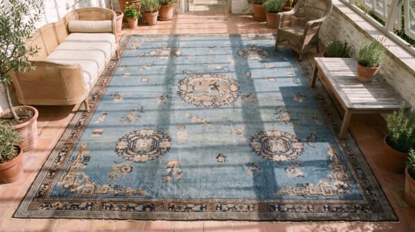 Light blue antique bird of paradise chinese dragon design big oversized peking rug 2 Light blue antique bird of paradise chinese dragon design big oversized peking rug (sku 21522) - styled overhead view