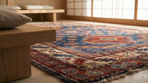 Light blue antique caucasian late 19th century tribal wool pile shirvan rug 9 Light blue antique caucasian late 19th century tribal wool pile shirvan rug (sku 18315) - in-room detail