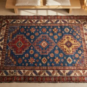 Light Blue Antique Caucasian Late 19th Century Tribal Wool Pile Shirvan Rug (SKU 18315) - styled overhead view