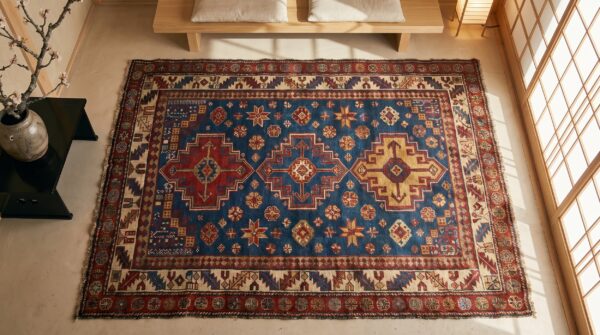 Light blue antique caucasian late 19th century tribal wool pile shirvan rug 2 Light blue antique caucasian late 19th century tribal wool pile shirvan rug (sku 18315) - styled overhead view