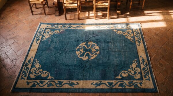 Light blue antique chinese dragon design medallion peking rug 2 Light blue antique chinese dragon design medallion peking rug (sku 22458) - styled overhead view