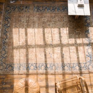 Light Blue and Earthy Cream Color Antique Decorative Persian Sultanabad Rug (SKU 21233) - styled overhead view