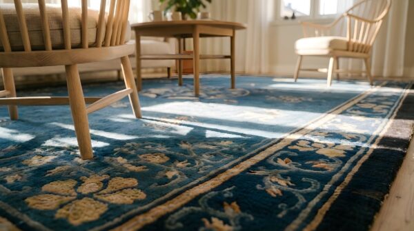 Light blue antique floral bird pattern medallion chinese peking wool room size rug 7 Light blue antique floral bird pattern medallion chinese peking wool room size rug (sku 23567) - in-room detail