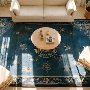 Light Blue Antique Floral Bird Pattern Medallion Chinese Peking Wool Room Size Rug (SKU 23567) - styled overhead view