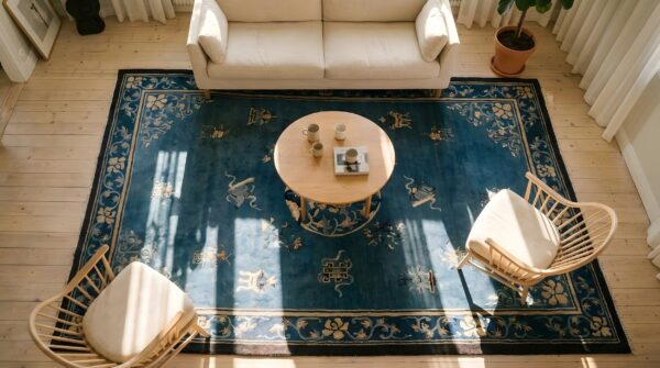 Light blue antique floral bird pattern medallion chinese peking wool room size rug 2 Light blue antique floral bird pattern medallion chinese peking wool room size rug (sku 23567) - styled overhead view