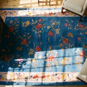 Light Blue Antique Wool Pile Floral Chinese Art Deco Area Rug (SKU 23504) - styled overhead view