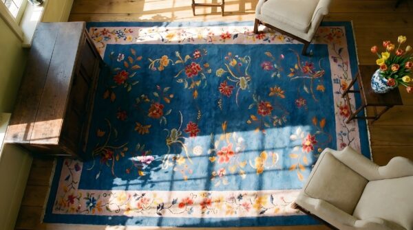 Light blue antique wool pile floral chinese art deco area rug 2 Light blue antique wool pile floral chinese art deco area rug (sku 23504) - styled overhead view