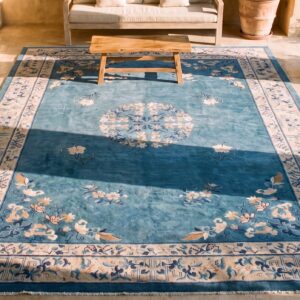 Light Blue Antique Floral Medallion Design Chinese Room Size Area Rug (SKU 24657) - styled overhead view