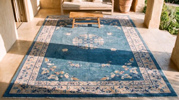 Light blue antique floral medallion design chinese room size area rug 2 Light blue antique floral medallion design chinese room size area rug (sku 24657) - styled overhead view