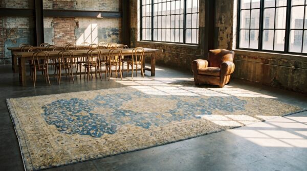 Light blue antique large fine floral persian kerman area rug 7 Light blue antique large fine floral persian kerman area rug (sku 19866) - room view