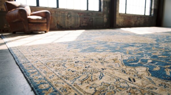 Light blue antique large fine floral persian kerman area rug 8 Light blue antique large fine floral persian kerman area rug (sku 19866) - in-room detail