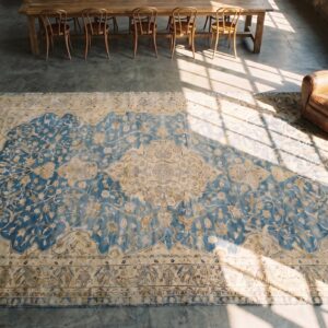 Light Blue Antique Large Fine Floral Persian Kerman Area Rug (SKU 19866) - styled overhead view