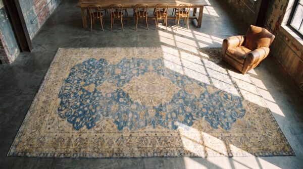Light blue antique large fine floral persian kerman area rug 2 Light blue antique large fine floral persian kerman area rug (sku 19866) - styled overhead view
