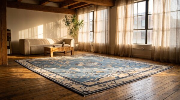 Light blue antique large size chinese white crane cloud band design peking rug (sku 23102) - room view