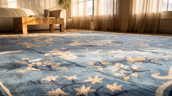 Light blue antique large size chinese white crane cloud band design peking rug (sku 23102) - in-room detail