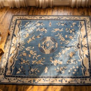 Light Blue Antique Large Size Chinese White Crane Cloud Band Design Peking Rug (SKU 23102) - styled overhead view