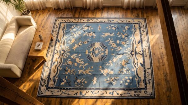 Light blue antique large size chinese white crane cloud band design peking rug (sku 23102) - styled overhead view