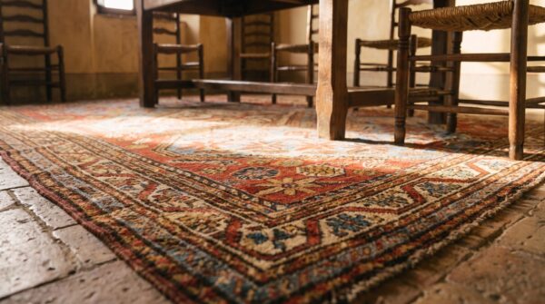 Light blue small scatter size antique tribal persian khamse rug 7 Light blue small scatter size antique tribal persian khamse rug (sku 17950) - in-room detail