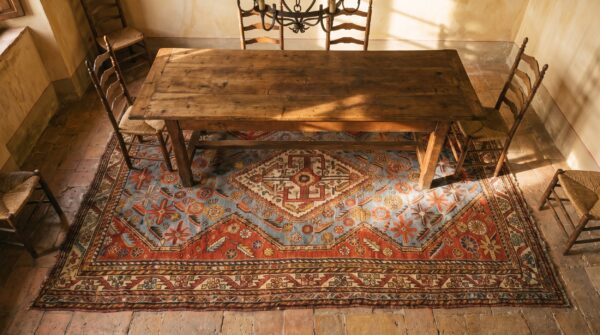 Light blue small scatter size antique tribal persian khamse rug 2 Light blue small scatter size antique tribal persian khamse rug (sku 17950) - styled overhead view