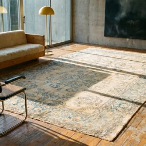 Light Blue And Soft Cream Color Antique Persian Kerman Large Size Rug (SKU 19374) - room view