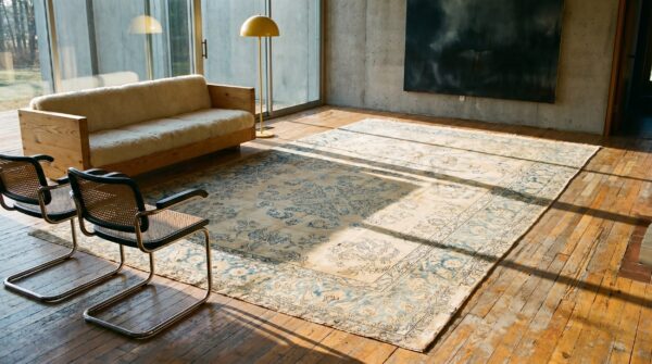 Light blue and soft cream color antique persian kerman large size rug 6 Light blue and soft cream color antique persian kerman large size rug (sku 19374) - room view