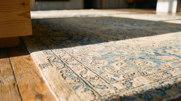 Light blue and soft cream color antique persian kerman large size rug 7 Light blue and soft cream color antique persian kerman large size rug (sku 19374) - in-room detail