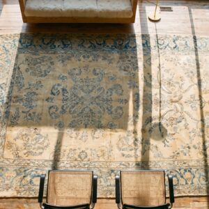 Light Blue And Soft Cream Color Antique Persian Kerman Large Size Rug (SKU 19374) - styled overhead view