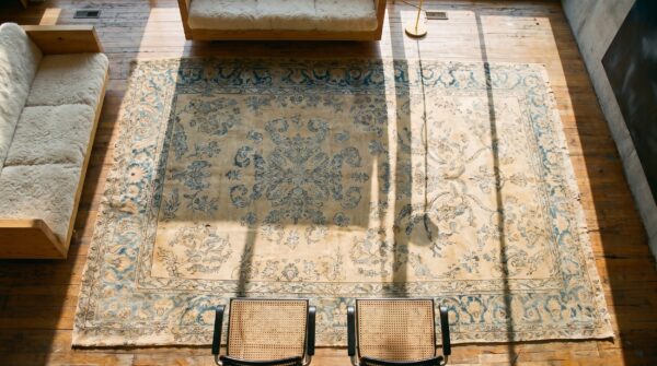Light blue and soft cream color antique persian kerman large size rug 2 Light blue and soft cream color antique persian kerman large size rug (sku 19374) - styled overhead view