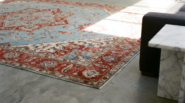 Light blue tribal allover design antique room size persian heriz serapi rug 8 Light blue tribal allover design antique room size persian heriz serapi rug (sku 22110) - in-room detail