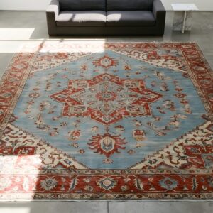 Light Blue Tribal Allover Design Antique Room Size Persian Heriz Serapi Rug (SKU 22110) - styled overhead view