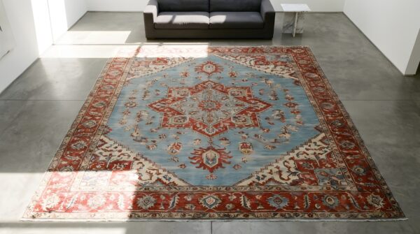 Light blue tribal allover design antique room size persian heriz serapi rug 2 Light blue tribal allover design antique room size persian heriz serapi rug (sku 22110) - styled overhead view