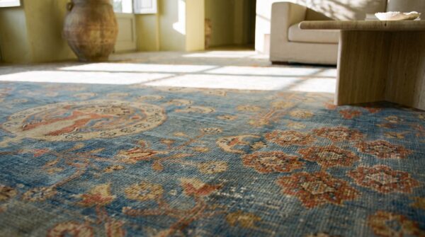 Light blue tribal antique square persian malayer carpet 5 Light blue tribal antique square persian malayer carpet (sku 18454) - in-room detail