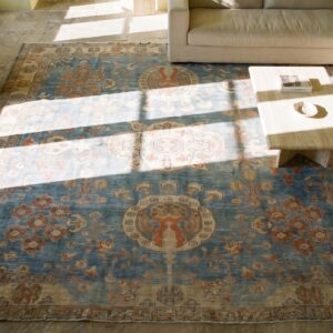 Light Blue Tribal Antique Square Persian Malayer Carpet (SKU 18454) - styled overhead view
