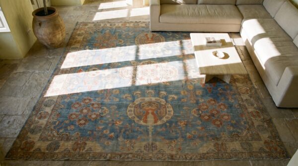 Light blue tribal antique square persian malayer carpet 2 Light blue tribal antique square persian malayer carpet (sku 18454) - styled overhead view